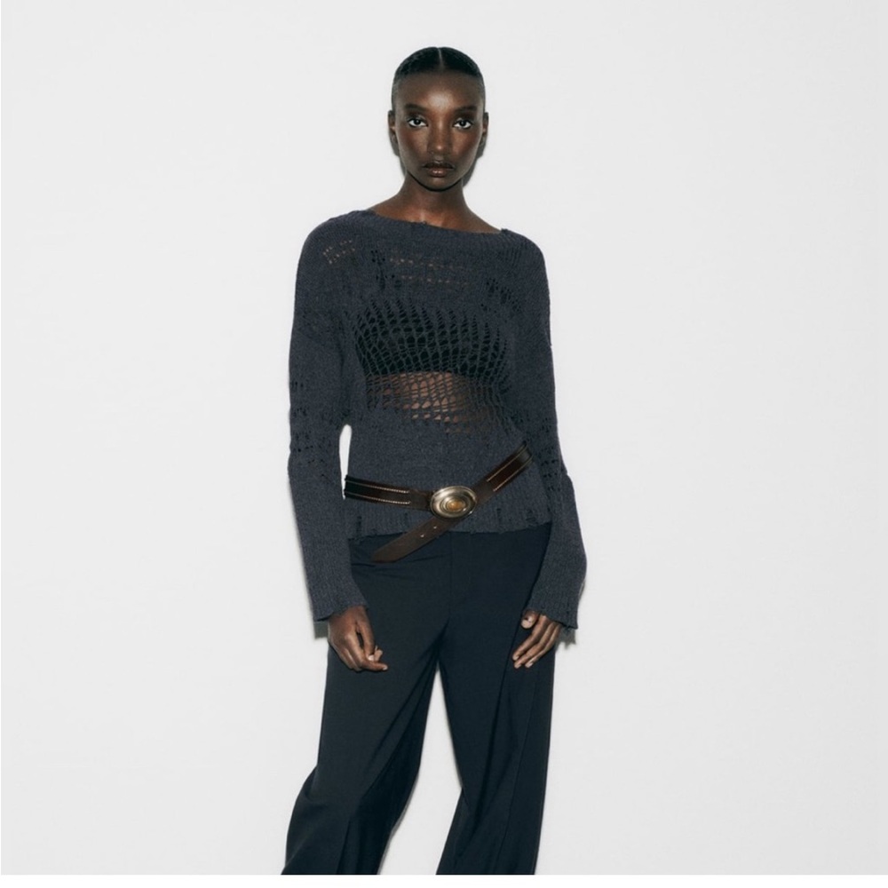 NWT Zara Ripped Open Knit Sweater Navy Size SMALL